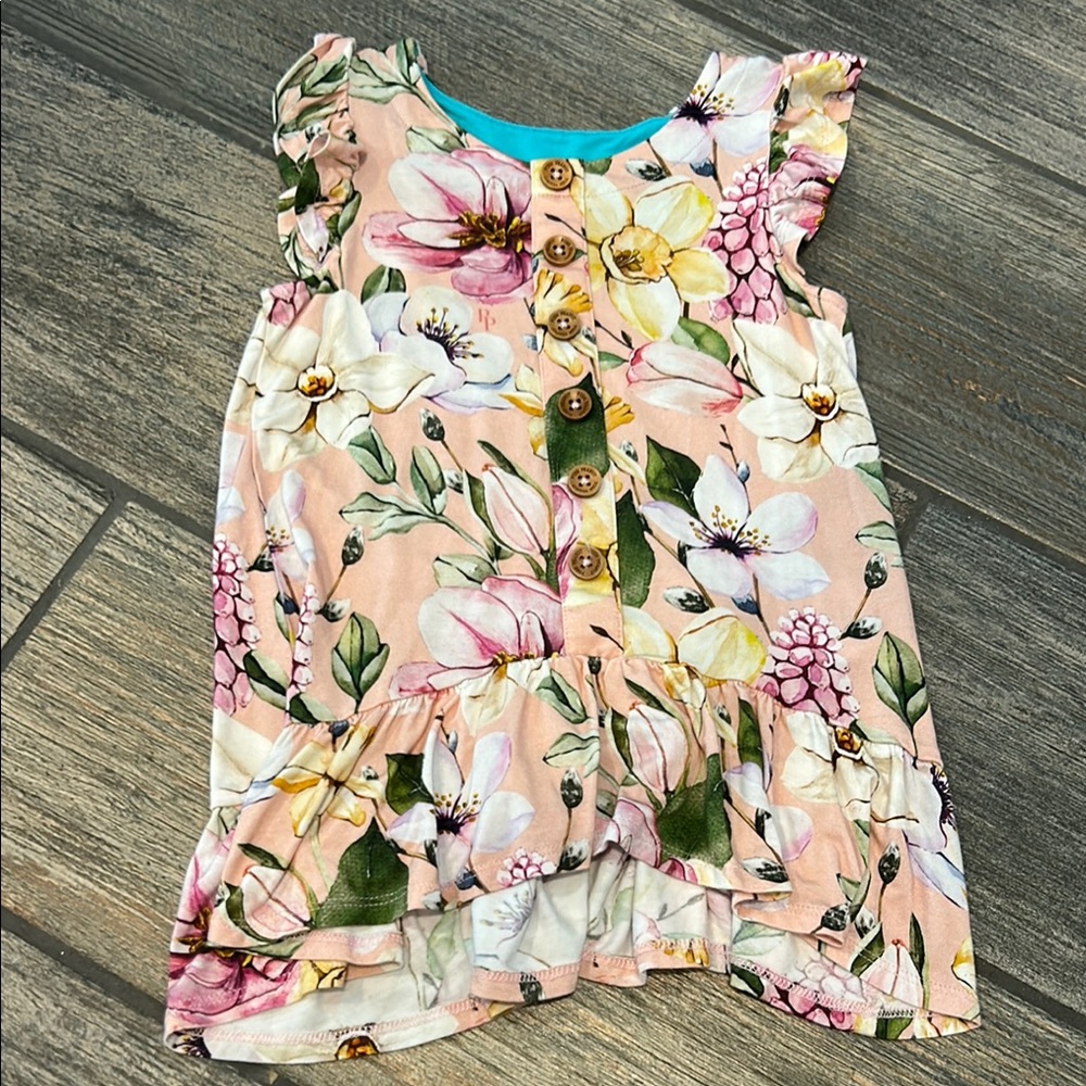 Posh Peanut Peach Floral Ruffle Dress - Pink, White, Green, Yellow